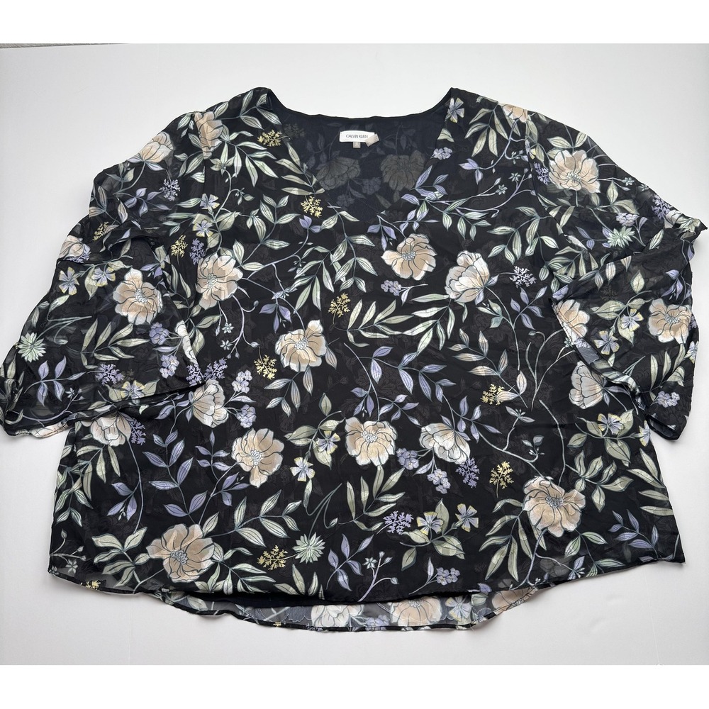 Calvin Klein Blouse Womens Plus 3X Black Floral Sheer V Neck Ruffle Sleeve
